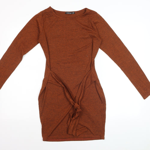 Boohoo Women’s Brown Long Sleeve Bodycon Tie Dress Size 10
