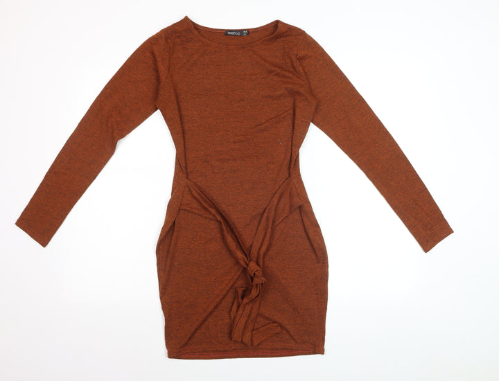 Boohoo Women’s Brown Long Sleeve Bodycon Tie Dress Size 10