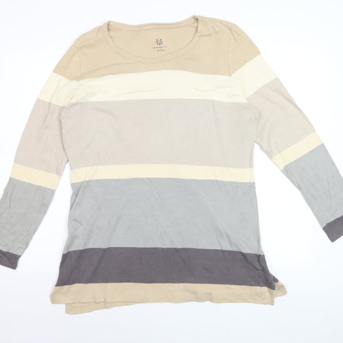 Isaac Mizrahi Live Women Beige Striped Cotton Long Sleeve T-Shirt L