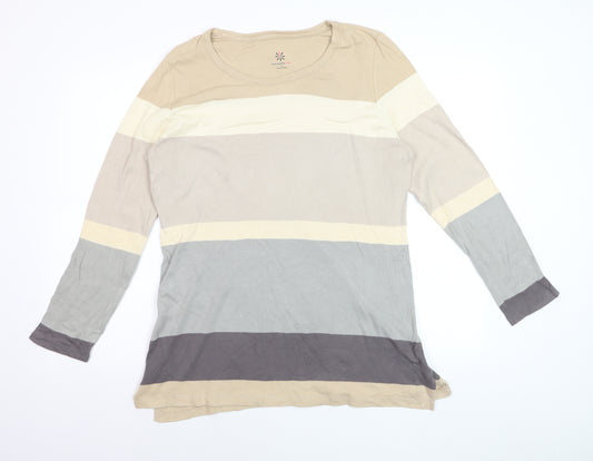 Isaac Mizrahi Live Women Beige Striped Cotton Long Sleeve T-Shirt L