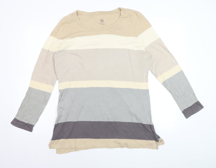 Isaac Mizrahi Live Women Beige Striped Cotton Long Sleeve T-Shirt L