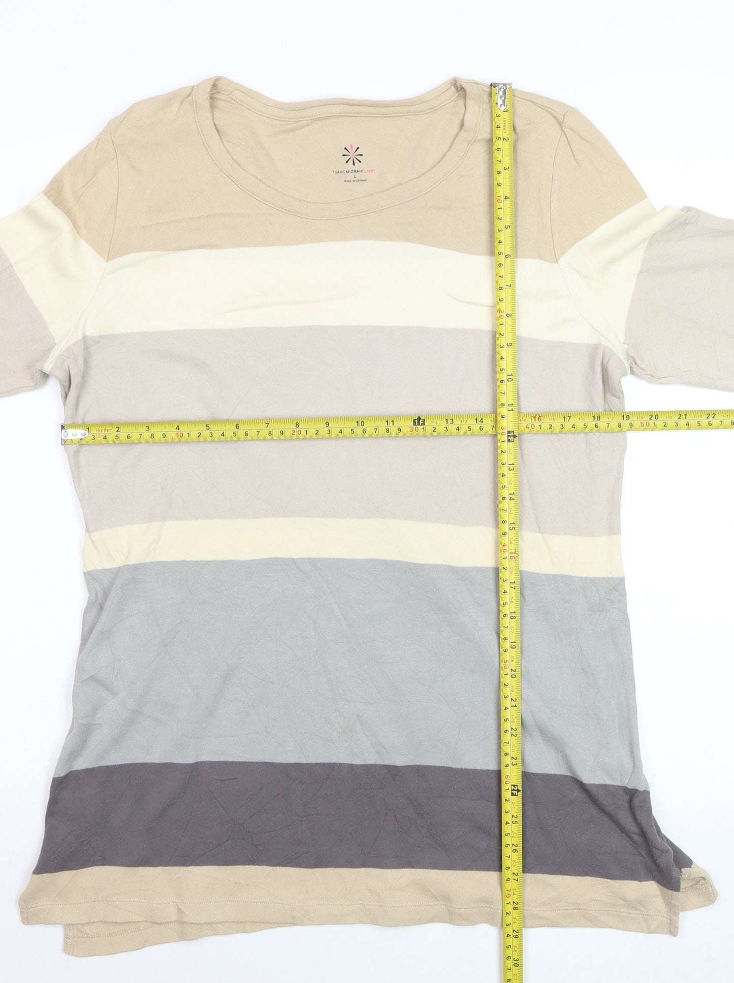 Isaac Mizrahi Live Women Beige Striped Cotton Long Sleeve T-Shirt L