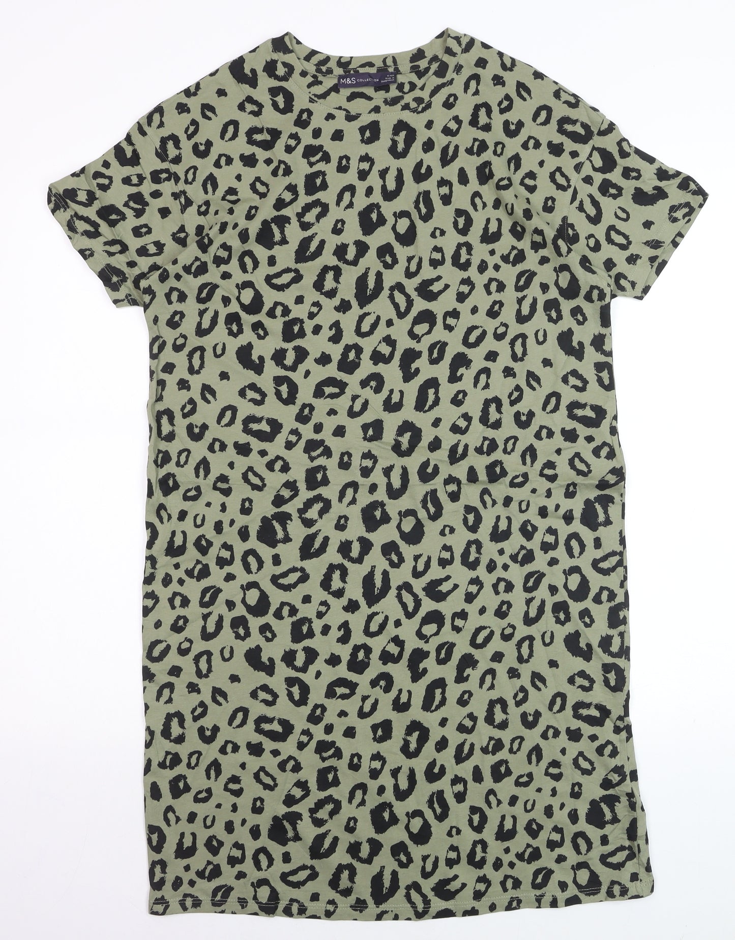 Marks and Spencer Women Green Leopard Print Cotton T-Shirt Dress Size 6