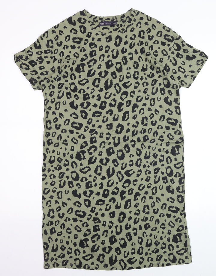 Marks and Spencer Women Green Leopard Print Cotton T-Shirt Dress Size 6