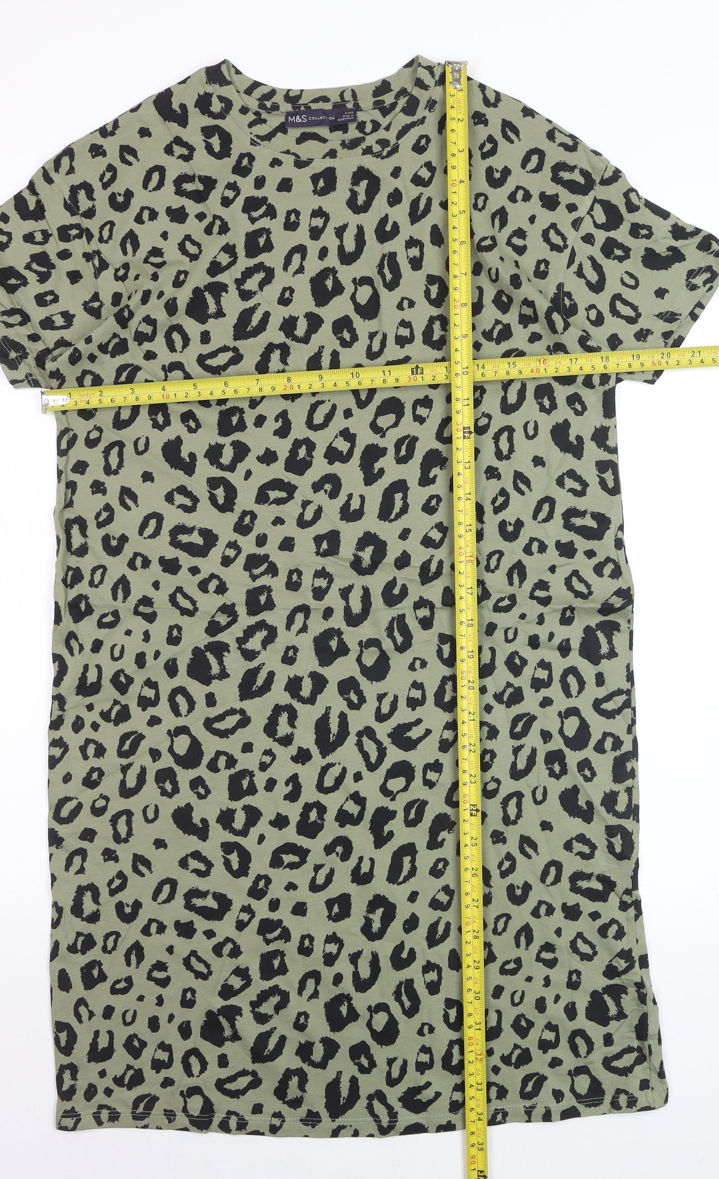 Marks and Spencer Women Green Leopard Print Cotton T-Shirt Dress Size 6