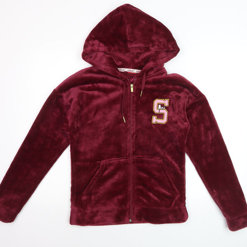 Peanuts Women Burgundy Full Zip Hoodie Small Plush Snoopy S Logo