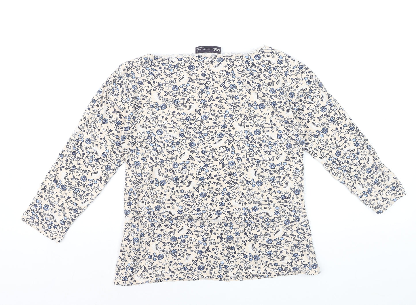 Marks and Spencer Womens Beige Floral 3/4 Sleeve T-Shirt Size 12