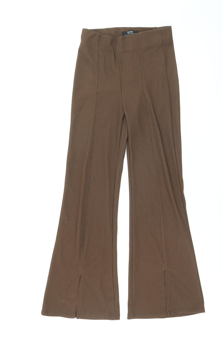 Bershka Women Brown Flared Knit Stretch Trousers Size S