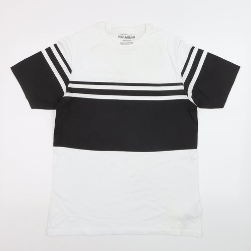 Pull&Bear Men's Black White Striped T-Shirt XS Cotton Crew Neck