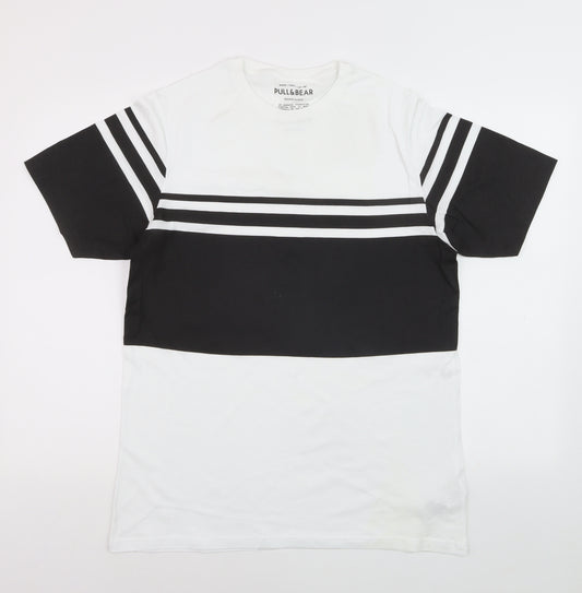 Pull&Bear Men's Black White Striped T-Shirt XS Cotton Crew Neck
