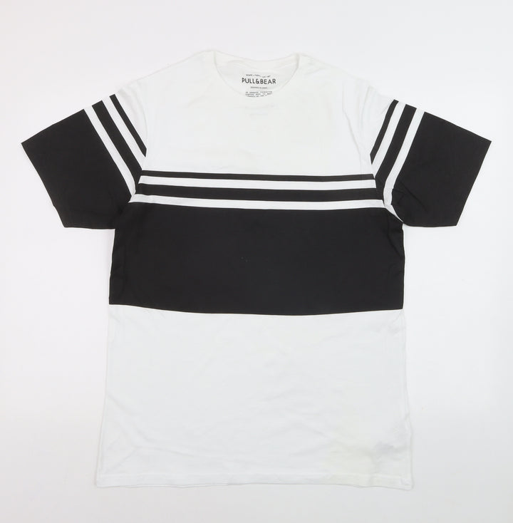 Pull&Bear Men's Black White Striped T-Shirt XS Cotton Crew Neck