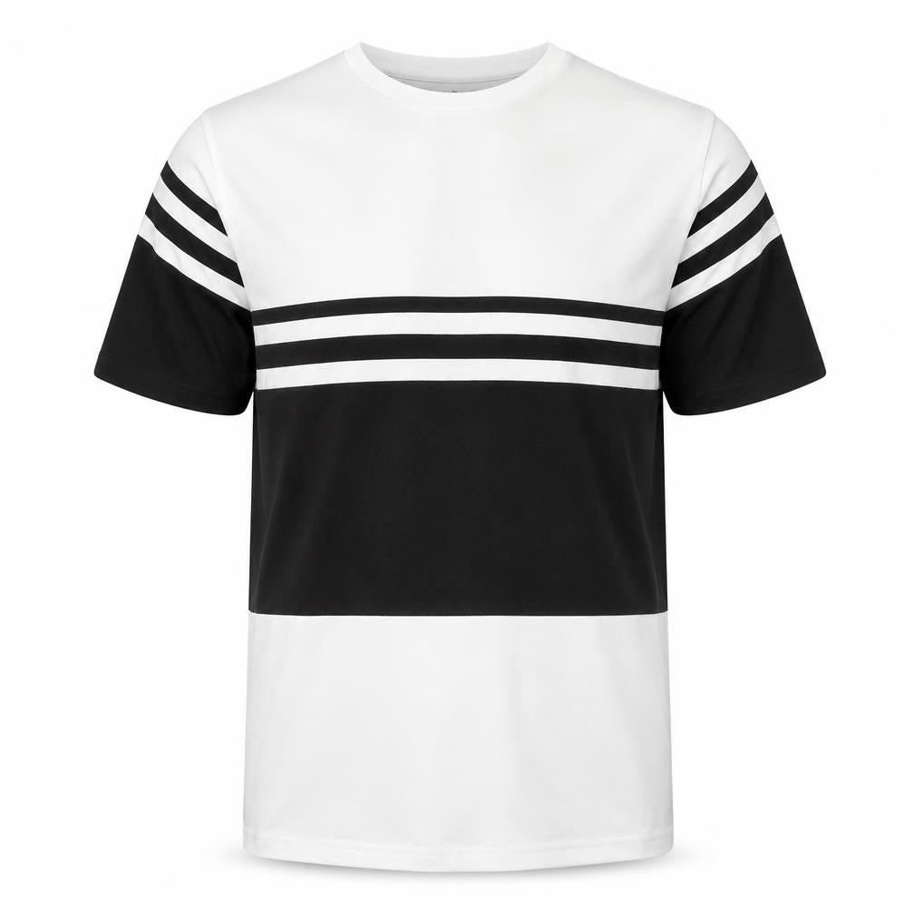 Front view of Pull&Bear Men's Black White Striped T-Shirt XS Cotton Crew Neck
