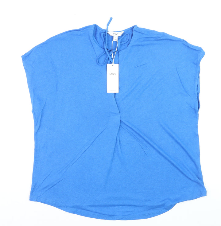 Marks and Spencer Women's Blue Linen Blend Short Sleeve Top Size 14