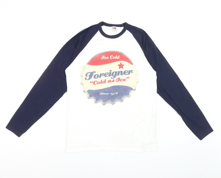Fruit of the Loom Men's White Navy Music Graphic Long Sleeve Top M