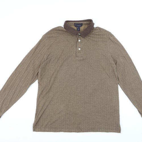 Lands' End Men's Brown Long Sleeve Herringbone Cotton Polo Shirt M