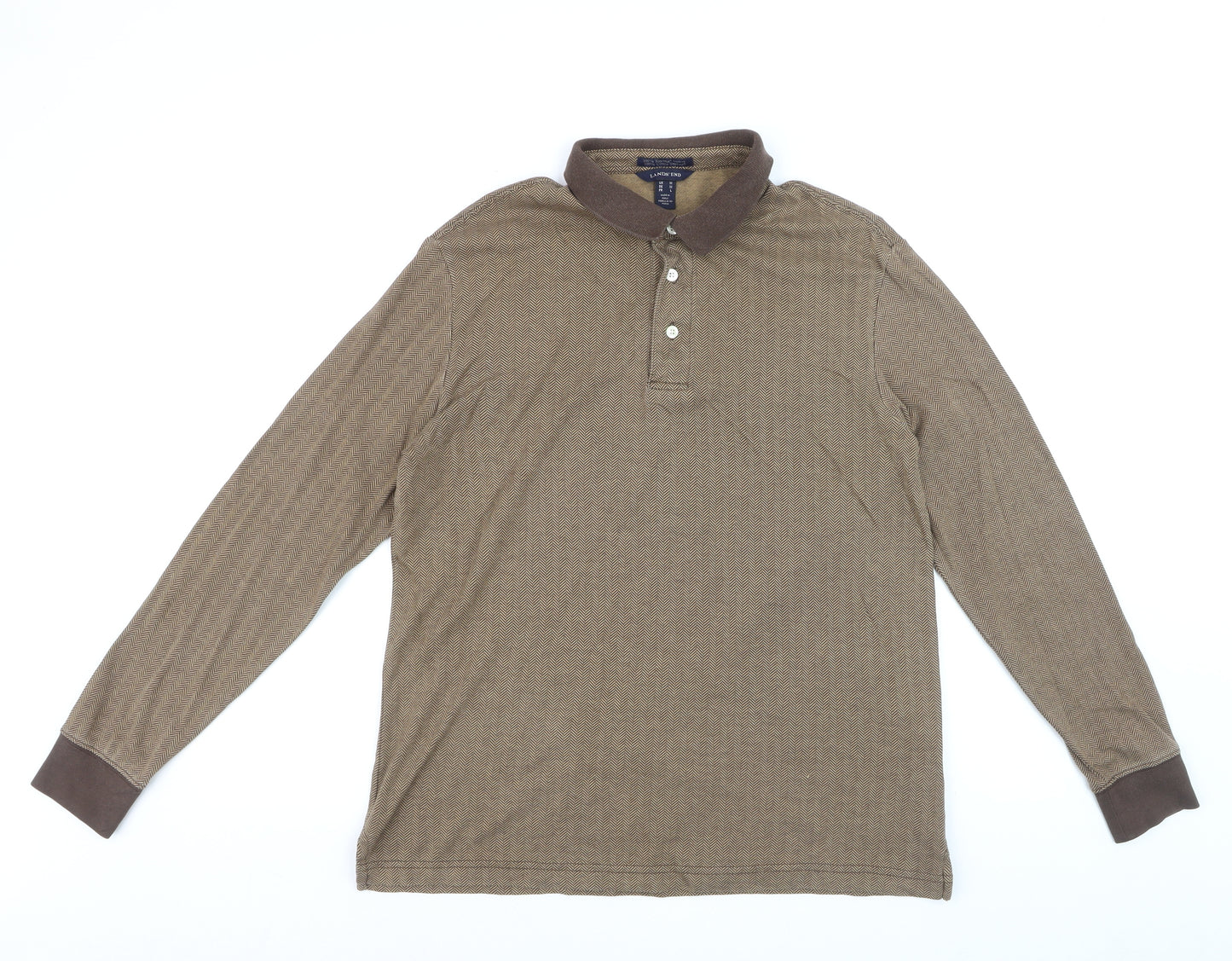 Lands' End Men's Brown Long Sleeve Herringbone Cotton Polo Shirt M