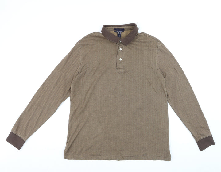 Lands' End Men's Brown Long Sleeve Herringbone Cotton Polo Shirt M