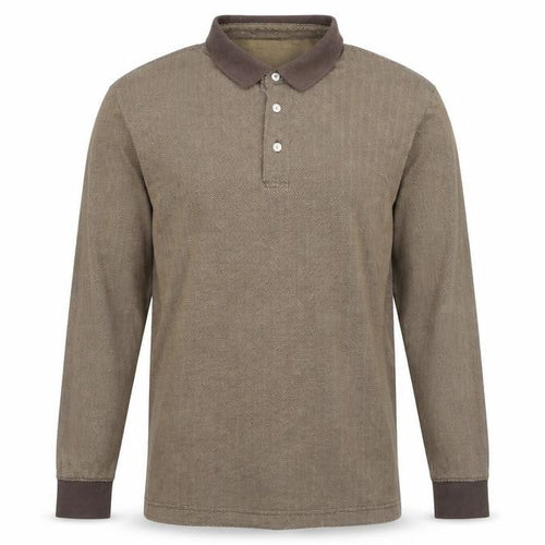 Lands' End Men's Brown Long Sleeve Herringbone Cotton Polo Shirt M