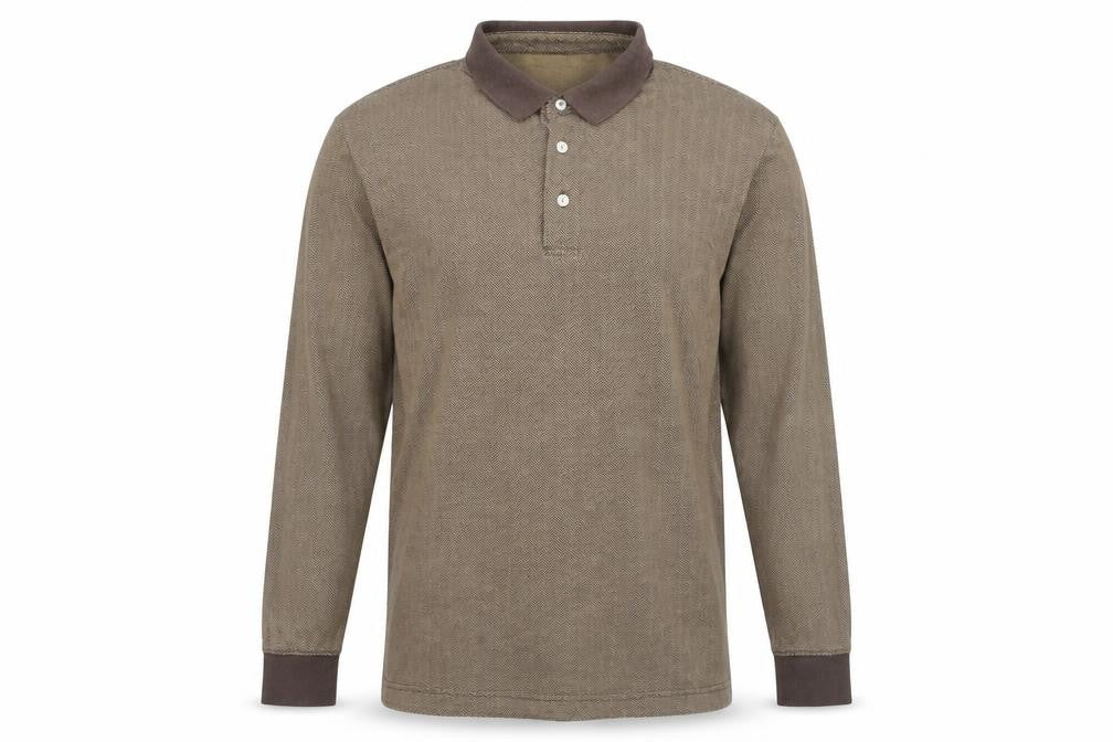 Lands' End Men's Brown Long Sleeve Herringbone Cotton Polo Shirt M