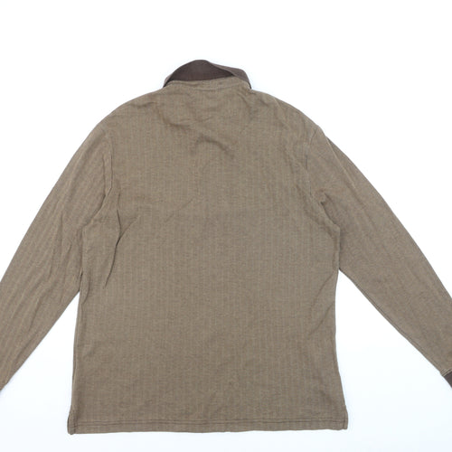Lands' End Men's Brown Long Sleeve Herringbone Cotton Polo Shirt M