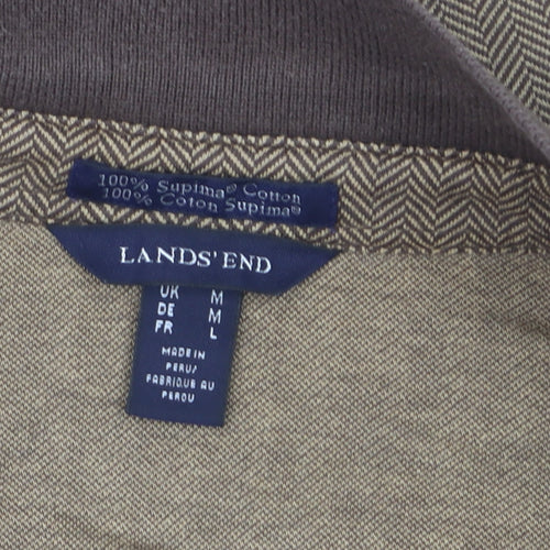 Lands' End Men's Brown Long Sleeve Herringbone Cotton Polo Shirt M