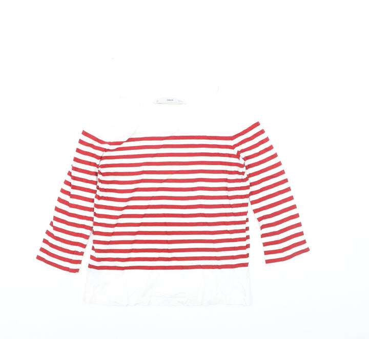 Mango Womens Red Striped Boat Neck 3/4 Sleeve Cotton T-Shirt XS