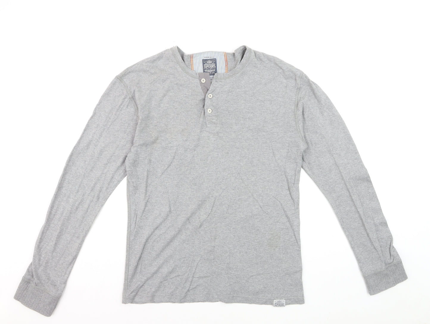 Superdry Men's Grey XL Long Sleeve Cotton Henley Shirt