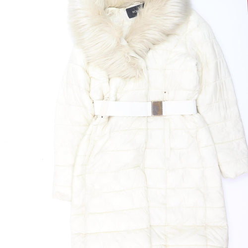 Roman Women Ivory Long Puffer Coat Size 10 Belted Faux Fur Trim Winter