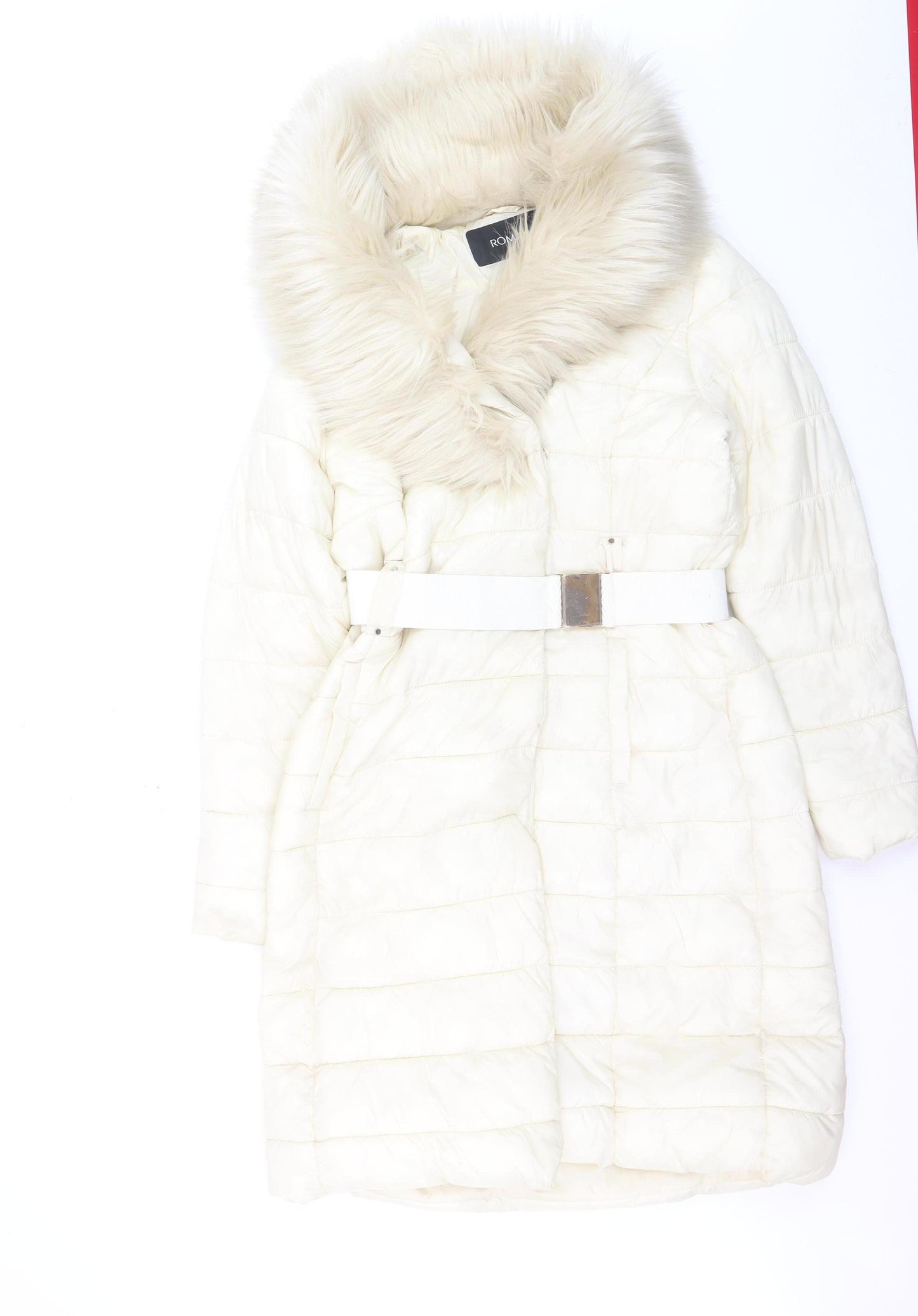 Roman Women Ivory Long Puffer Coat Size 10 Belted Faux Fur Trim Winter