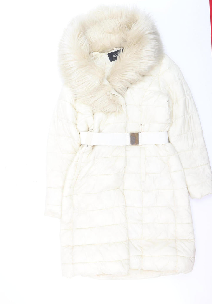 Roman Women Ivory Long Puffer Coat Size 10 Belted Faux Fur Trim Winter