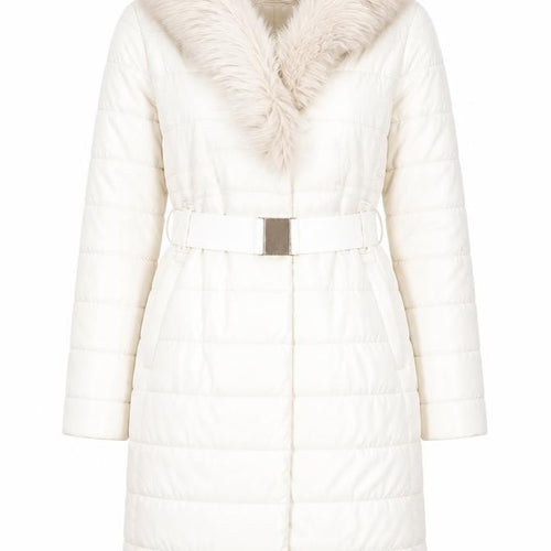 Roman Women Ivory Long Puffer Coat Size 10 Belted Faux Fur Trim Winter