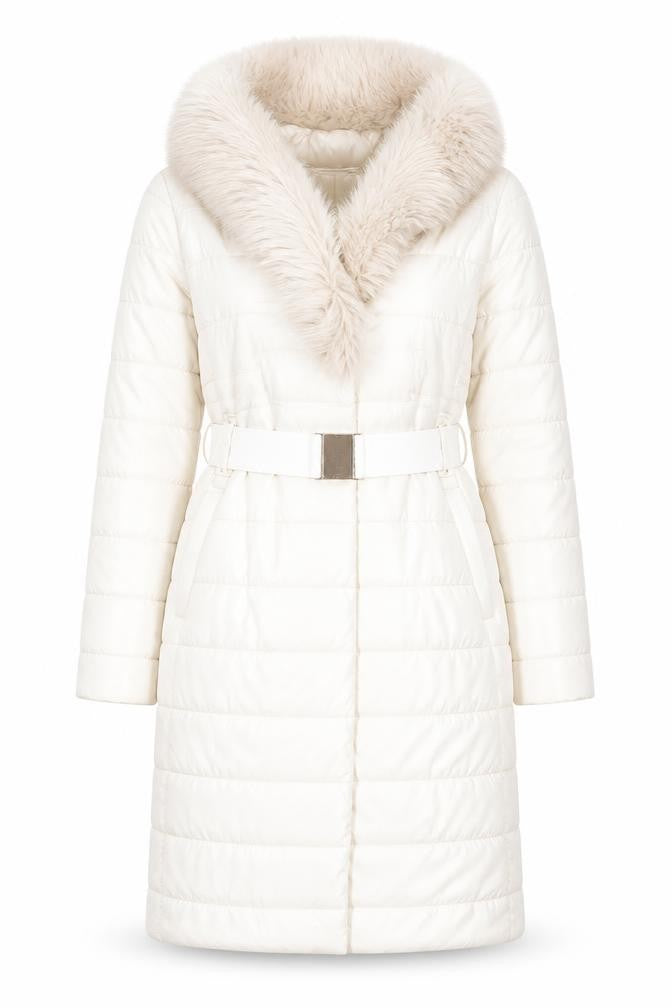 Roman Women Ivory Long Puffer Coat Size 10 Belted Faux Fur Trim Winter