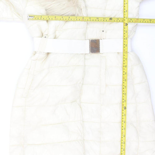 Roman Women Ivory Long Puffer Coat Size 10 Belted Faux Fur Trim Winter