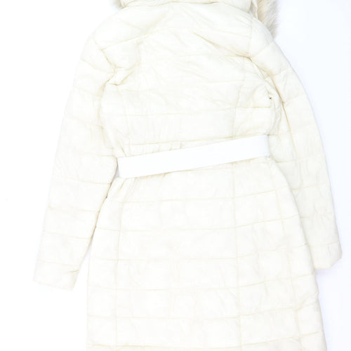 Roman Women Ivory Long Puffer Coat Size 10 Belted Faux Fur Trim Winter