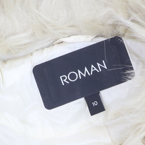 Roman Women Ivory Long Puffer Coat Size 10 Belted Faux Fur Trim Winter