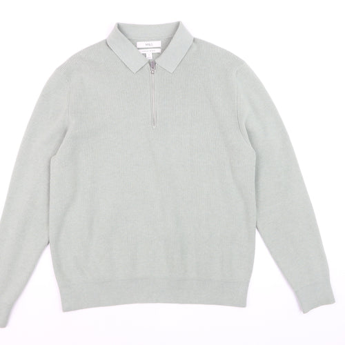 Marks and Spencer Men's Green Collared 1/2 Zip Cotton Blend Jumper M