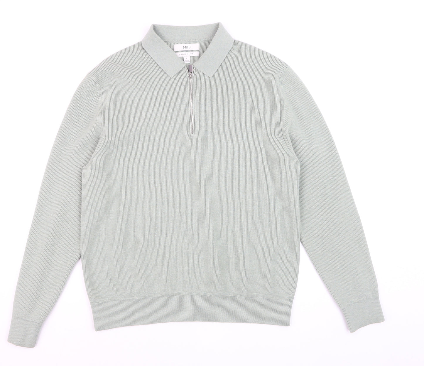 Marks and Spencer Men's Green Collared 1/2 Zip Cotton Blend Jumper M