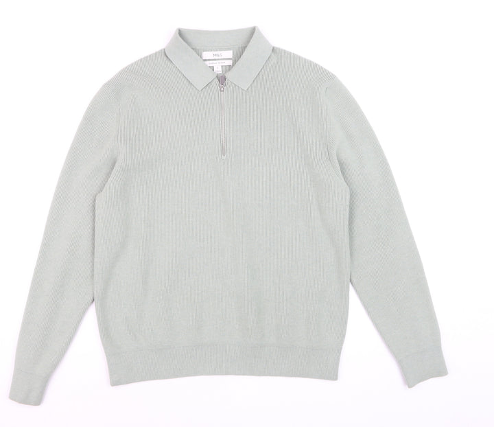 Marks and Spencer Men's Green Collared 1/2 Zip Cotton Blend Jumper M