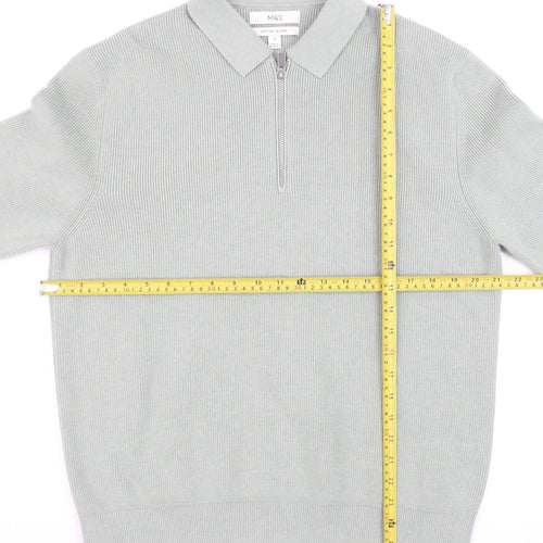 Marks and Spencer Men's Green Collared 1/2 Zip Cotton Blend Jumper M