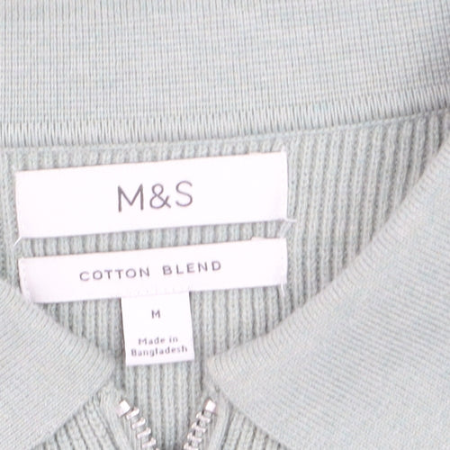 Marks and Spencer Men's Green Collared 1/2 Zip Cotton Blend Jumper M