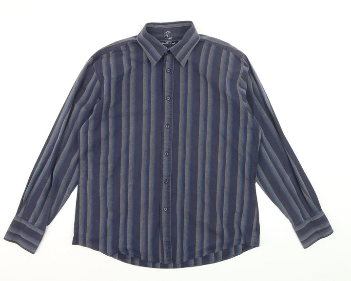 Ben Sherman Men's Blue Striped Long Sleeve Cotton Dress Shirt Size L
