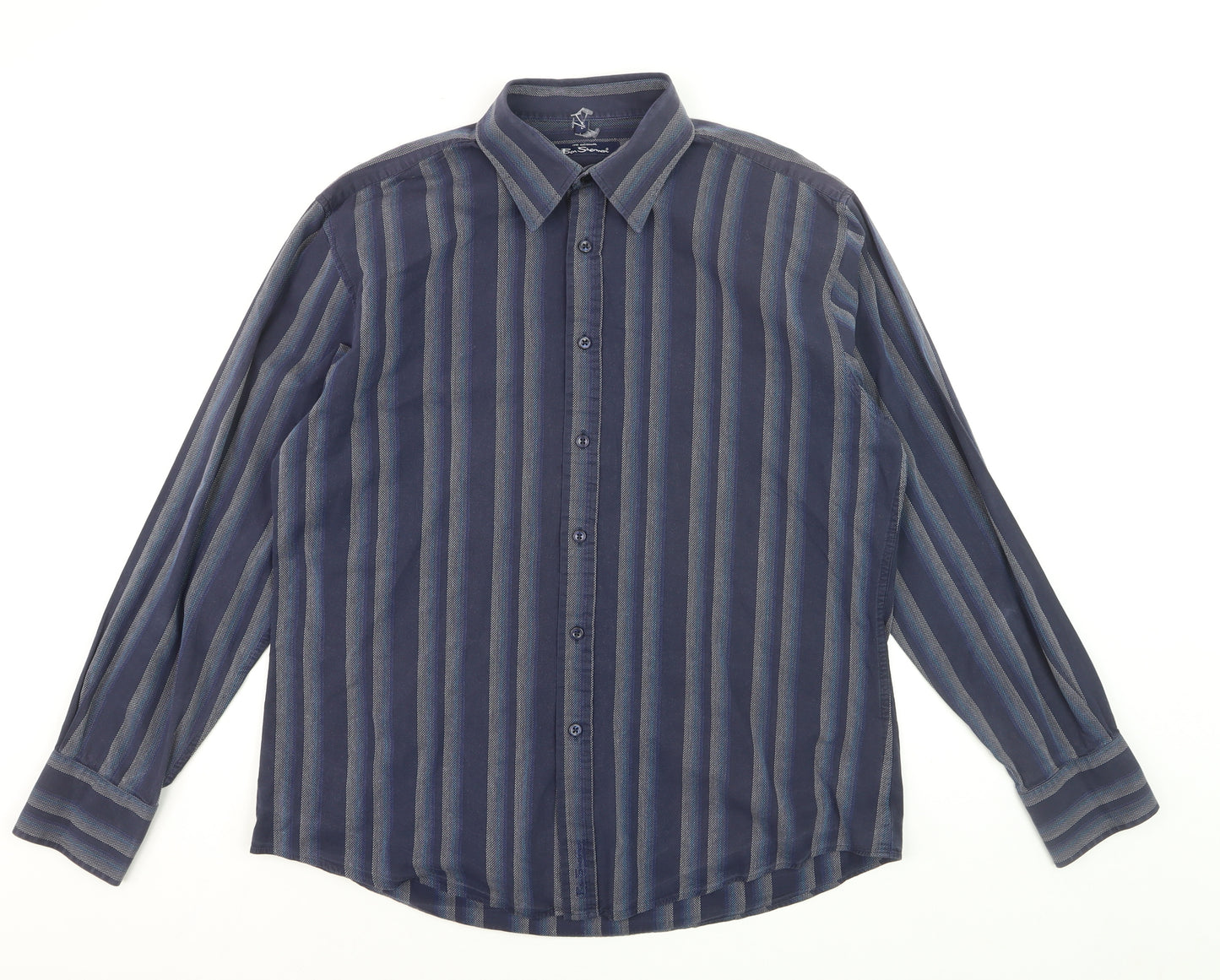 Ben Sherman Men's Blue Striped Long Sleeve Cotton Dress Shirt Size L