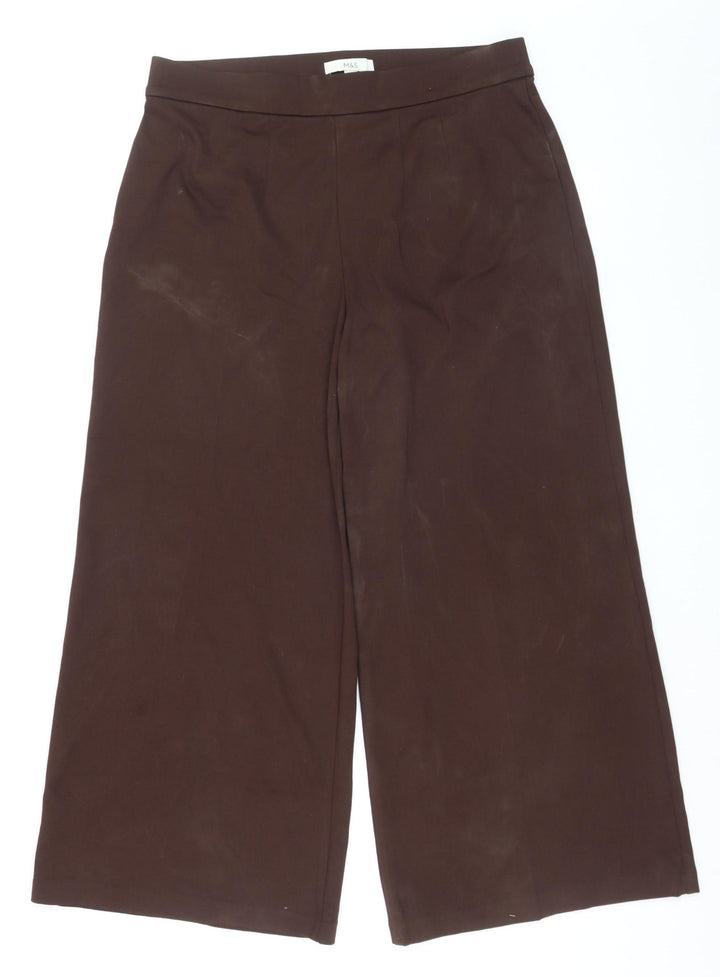 Marks and Spencer Women's Brown Size 16 Short Wide-Leg Stretch Trousers