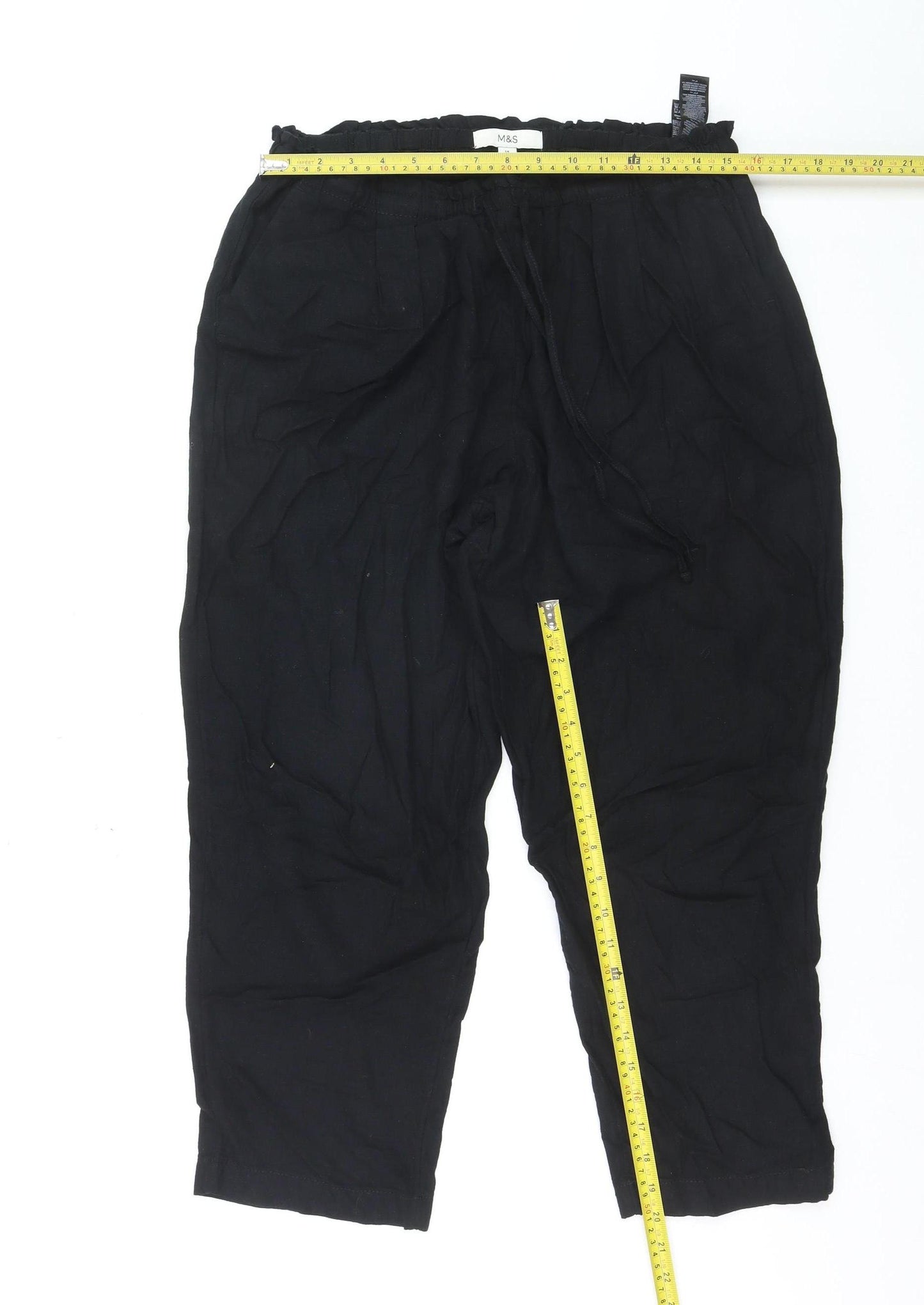Marks and Spencer Womens Black Linen Crop Trousers Size 14 Short