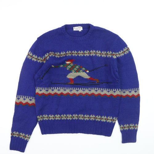 Jos. A. Bank Men's Blue Wool Ski Fair Isle Crew Neck Jumper M