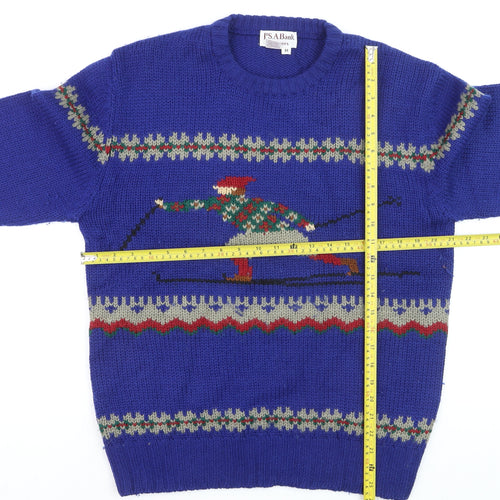 Jos. A. Bank Men's Blue Wool Ski Fair Isle Crew Neck Jumper M