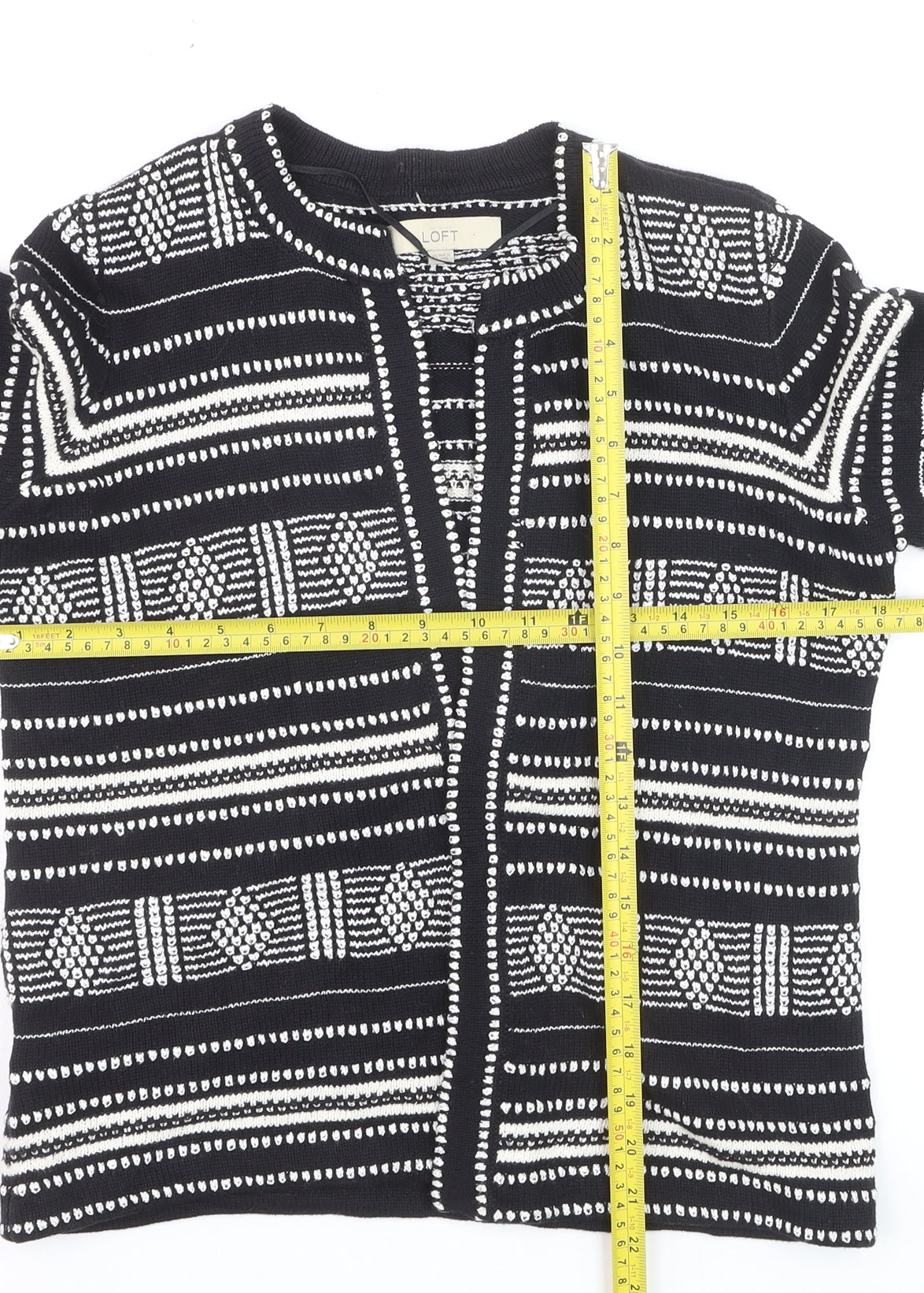 LOFT Women's Black Geometric Knit Cardigan XS Cotton