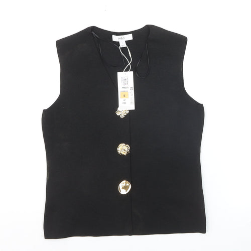 Marks and Spencer Women Black Sleeveless V-Neck Button Blouse Size S