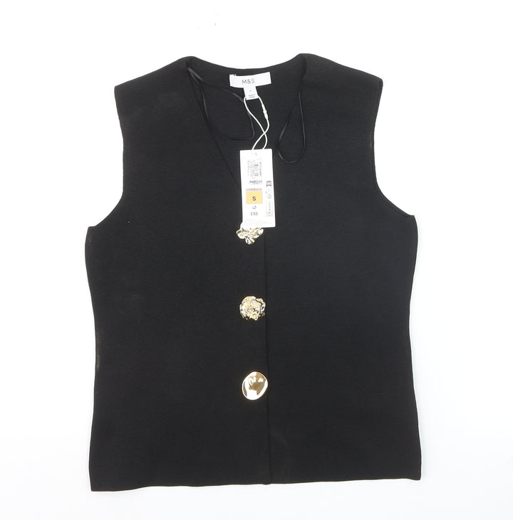 Marks and Spencer Women Black Sleeveless V-Neck Button Blouse Size S