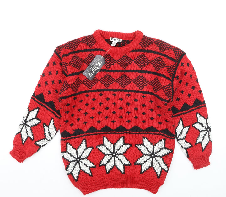 One Step Up Men's Red Chunky Knit Fair Isle Christmas Jumper L